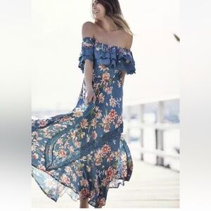 Jaase Tuscan Escape Positano Off The Shoulder Teal Green Dress Boho SZ L